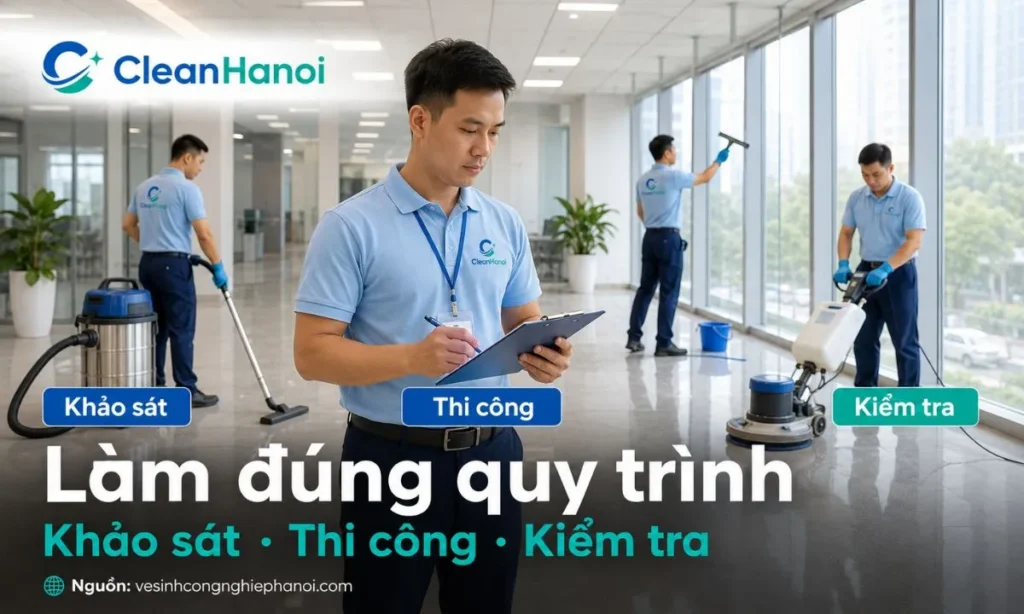 Quy trình vệ sinh công nghiệp gồm khảo sát, gom rác, hút bụi, xử lý điểm bẩn, chà sàn, lau kính và nghiệm thu