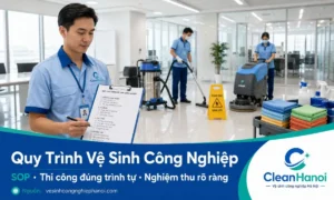 Hình ảnh minh họa quy trình vệ sinh công nghiệp theo SOP gồm khảo sát, chuẩn bị thiết bị, vệ sinh thô, vệ sinh tinh, xử lý sàn và nghiệm thu chất lượng.