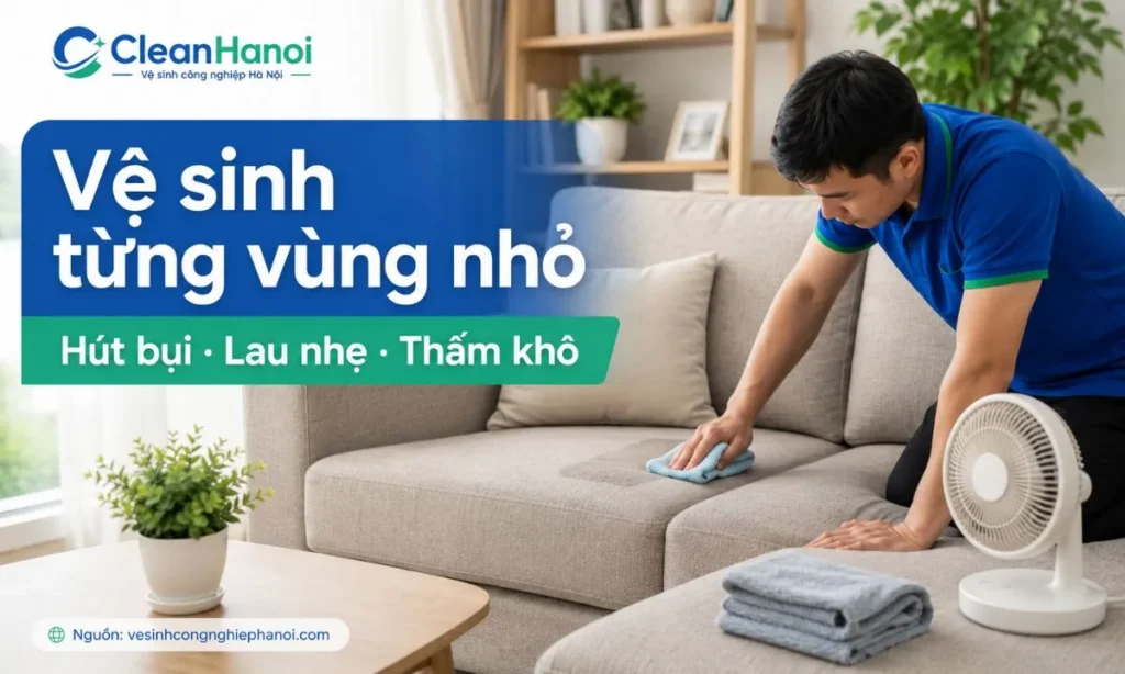 Quy trình vệ sinh sofa tại nhà gồm tháo gối tựa, hút bụi kỹ khe ghế, thử dung dịch ở vị trí khuất, xử lý điểm bẩn, lau lại bằng khăn sạch và thấm khô để hạn chế mùi ẩm.