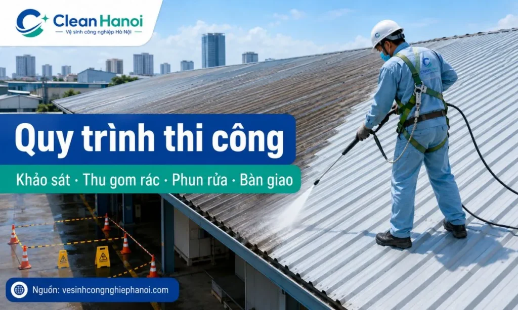 Hình ảnh minh họa quy trình vệ sinh mái tôn nhà xưởng của CleanHanoi từ khảo sát, chuẩn bị thiết bị, khoanh vùng, thu gom rác, làm sạch mái tôn đến kiểm tra máng xối và bàn giao.