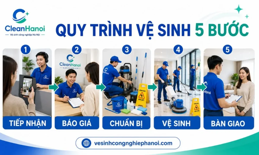 Quy trình vệ sinh nhà cửa CleanHanoi từ tiếp nhận hiện trạng đến kiểm tra bàn giao