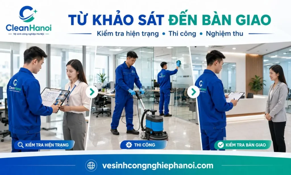 Quy trình vệ sinh văn phòng từ kiểm tra hiện trạng đến nghiệm thu bàn giao