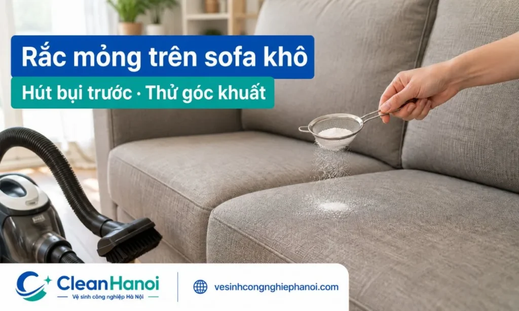 Cách dùng baking soda an toàn hơn là hút bụi sofa trước, đảm bảo bề mặt khô, thử ở vị trí khuất rồi rắc một lớp thật mỏng lên vùng cần khử mùi.