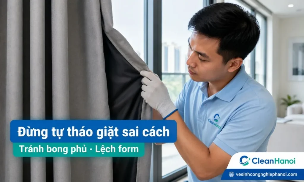 Rèm cản sáng phủ cao su, rèm cuốn, rèm cầu vồng, rèm roman, rèm lắp cao hoặc rèm có phụ kiện phức tạp cần kiểm tra trước để tránh bong lớp phủ, lệch form, co vải hoặc khó treo lại đúng vị trí.