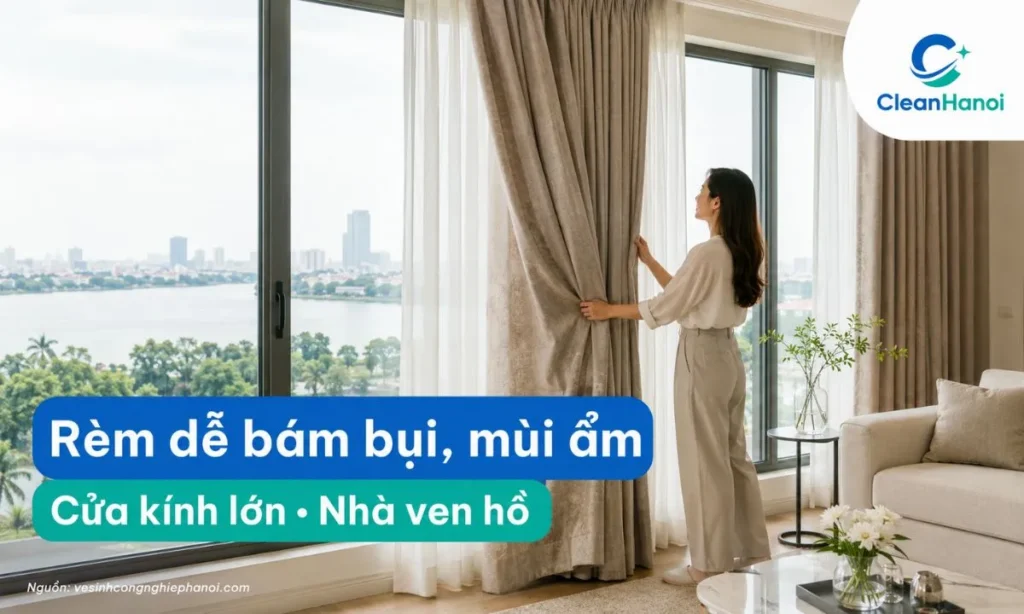 Rèm cửa tại nhà gần hồ, nhiều ánh sáng, thường mở cửa và dùng điều hòa dễ bám bụi mịn, mùi ẩm, lông thú cưng và cần vệ sinh định kỳ.