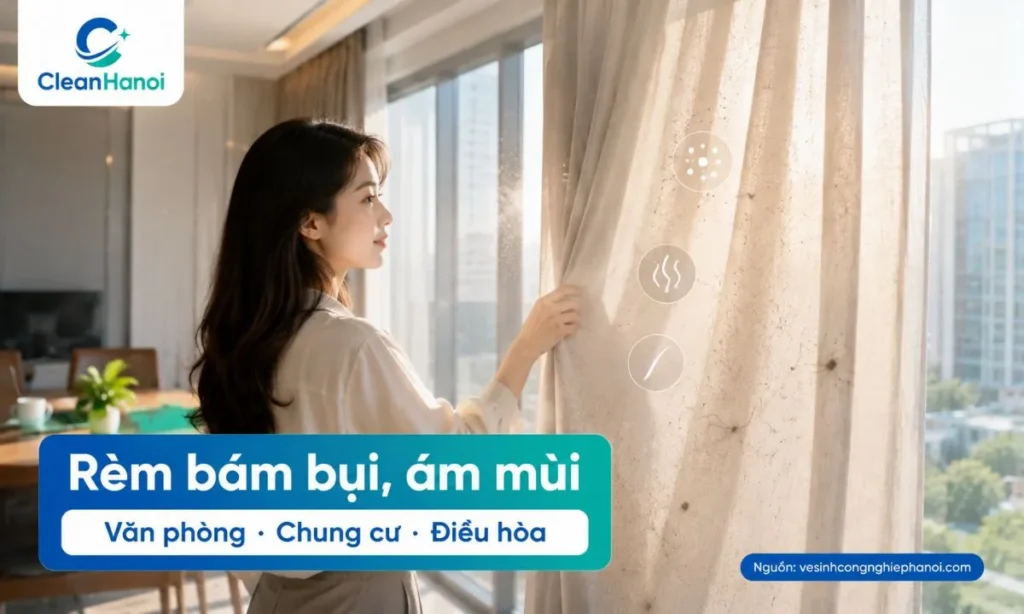 Rèm văn phòng, phòng họp, chung cư gần đường lớn hoặc dùng điều hòa liên tục dễ bám bụi, ám mùi và nên được vệ sinh định kỳ.