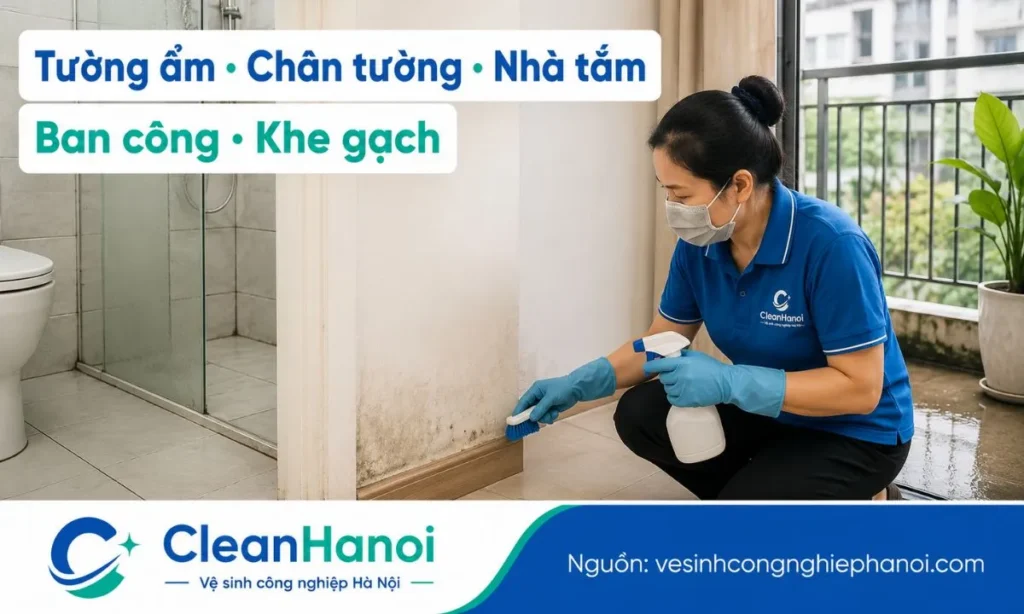 Rêu mốc trong nhà thường xuất hiện ở tường, chân tường, nhà tắm, ban công và khe gạch