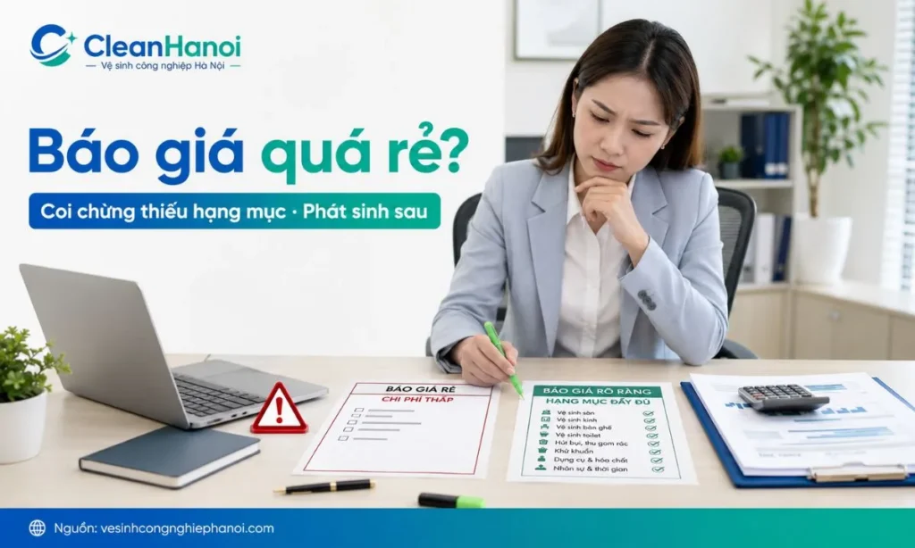Rủi ro báo giá vệ sinh văn phòng quá rẻ gồm thiếu hạng mục, thiếu nhân sự, phát sinh chi phí và nghiệm thu không rõ ràng