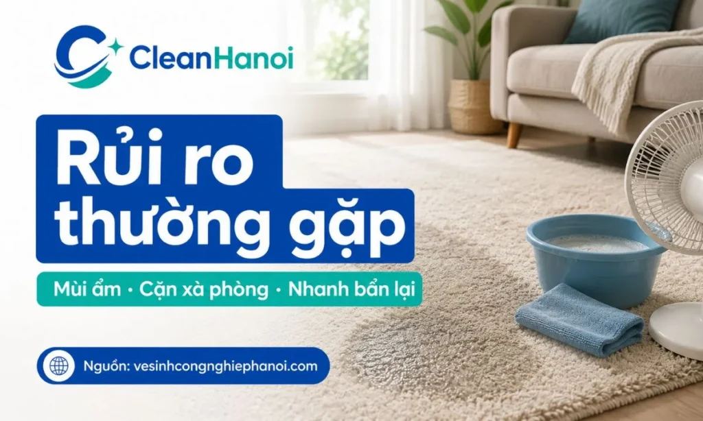 Hình ảnh minh họa rủi ro khi tự giặt thảm bằng nhiều nước và xà phòng, khiến thảm lâu khô, có mùi ẩm, bết sợi và nhanh bám bụi trở lại.