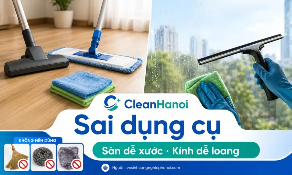 Hình ảnh minh họa các lỗi dùng chổi cứng, vật nhám, cây lau quá ướt trên sàn gỗ và dùng khăn xơ, khăn bẩn khi lau kính sau xây dựng.