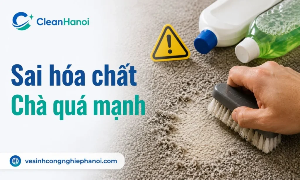 Dùng bàn chải chà sát quá mạnh lên thảm và sử dụng sai dung dịch hóa chất tẩy rửa công nghiệp