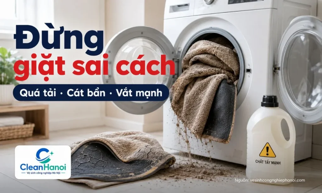 Các lỗi thường gặp khi giặt thảm bằng máy giặt gồm cho thảm quá nặng vào máy, không giũ sạch đất cát, dùng nước nóng, chất tẩy mạnh, quá nhiều nước giặt, vắt mạnh hoặc sấy nhiệt cao.