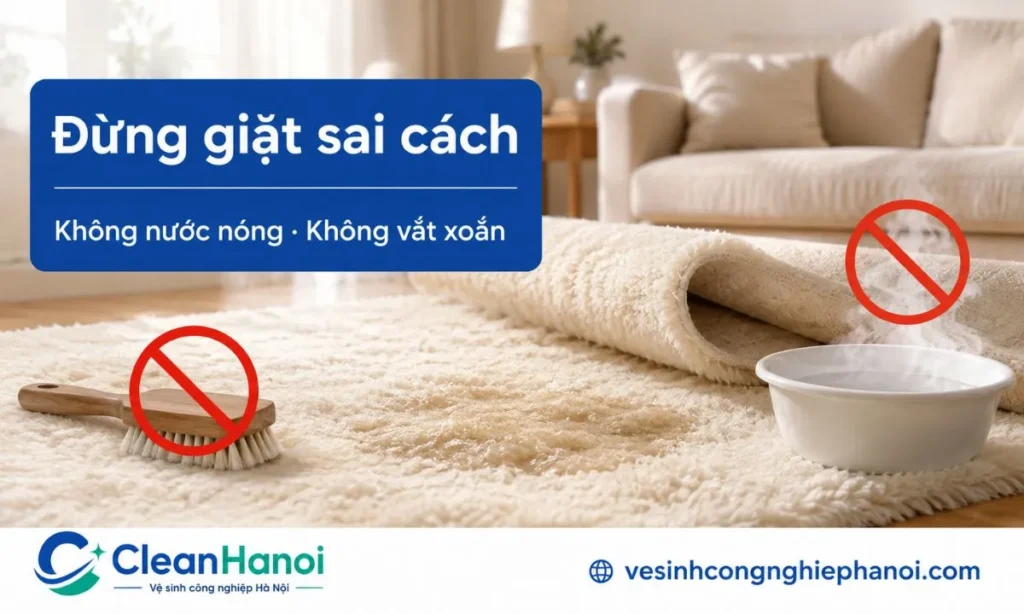 Ngâm thảm quá lâu, dùng nước nóng, chất tẩy mạnh, vắt xoắn, chà bằng bàn chải cứng hoặc trải lại khi còn ẩm có thể làm thảm lông cừu rụng lông, bết mặt, xẹp sợi và có mùi ẩm.