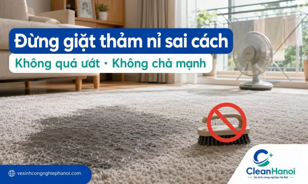 Dùng quá nhiều nước, chà mạnh bằng bàn chải cứng, dùng chất tẩy mạnh hoặc sử dụng thảm khi chưa khô hoàn toàn có thể làm thảm nỉ bị xù, bết mặt, loang màu và có mùi ẩm.