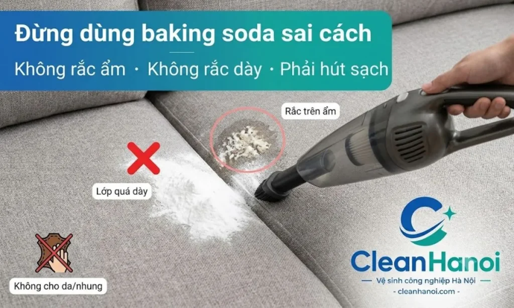 Rắc baking soda lên sofa còn ẩm, rắc quá dày, không hút sạch bột, trộn với giấm, cồn, xà phòng tùy tiện hoặc dùng cho sofa da, sofa nhung có thể gây cặn trắng, bết vải và mùi quay lại.