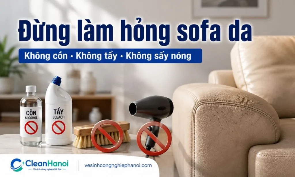 Dùng cồn, rượu, nước tẩy, bàn chải cứng, khăn quá ướt, máy sấy nóng hoặc phơi nắng gắt có thể làm sofa da khô, nứt, bong lớp phủ, bạc màu hoặc xuất hiện vệt loang.