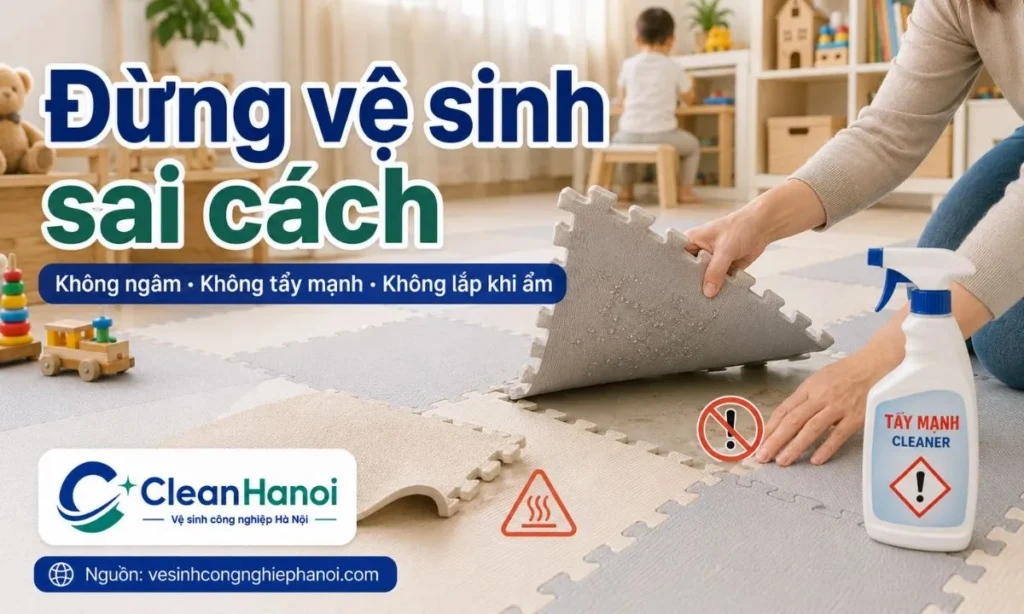 Dùng quá nhiều nước, chỉ lau mặt trên, không kiểm tra khe ghép, dùng chất tẩy mạnh, phơi nắng gắt hoặc lắp thảm khi còn ẩm có thể khiến thảm xốp cho bé bị mùi, cong, trơn hoặc lưu hóa chất.