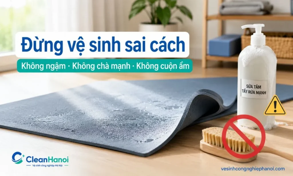 Ngâm thảm yoga quá lâu, dùng nước nóng, phơi nắng gắt, dùng quá nhiều xà phòng, chà bằng bàn chải cứng hoặc cuộn thảm khi còn ẩm có thể làm thảm trơn, nứt, bong và mất độ bám.