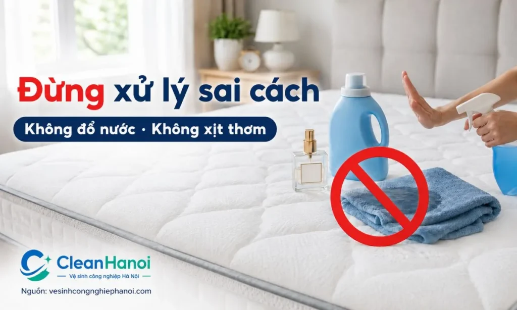 Đổ nhiều nước, xịt nước hoa, dùng nước giặt, thuốc tẩy hoặc chà mạnh lên đệm có thể làm vùng thấm lan rộng, lâu khô, loang vết và khiến mùi khai nặng hơn.
