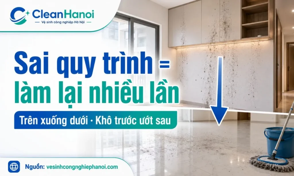 Hình ảnh minh họa quy trình vệ sinh sau xây dựng đúng cách: xử lý bụi khô trước, làm từ trần tường cửa kính xuống sàn, từ trong ra ngoài để tránh phải làm lại nhiều lần.