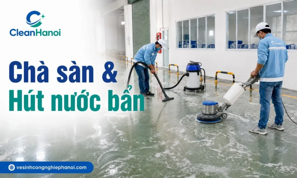 Ảnh thể hiện hiện trạng sàn bị bám bẩn, xỉn màu, nhiều vết ố hoặc dấu giày ở khu vực có mật độ đi lại cao.