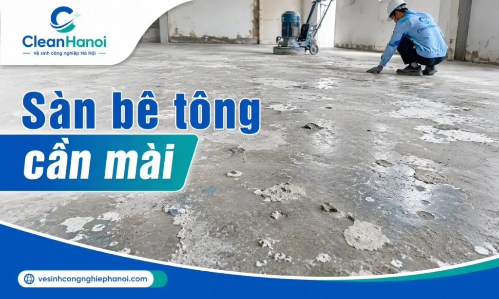 Ảnh thể hiện hiện trạng sàn bê tông cần mài do bề mặt không đều, bám lớp phủ cũ, vết keo, sơn, xi măng hoặc vữa.