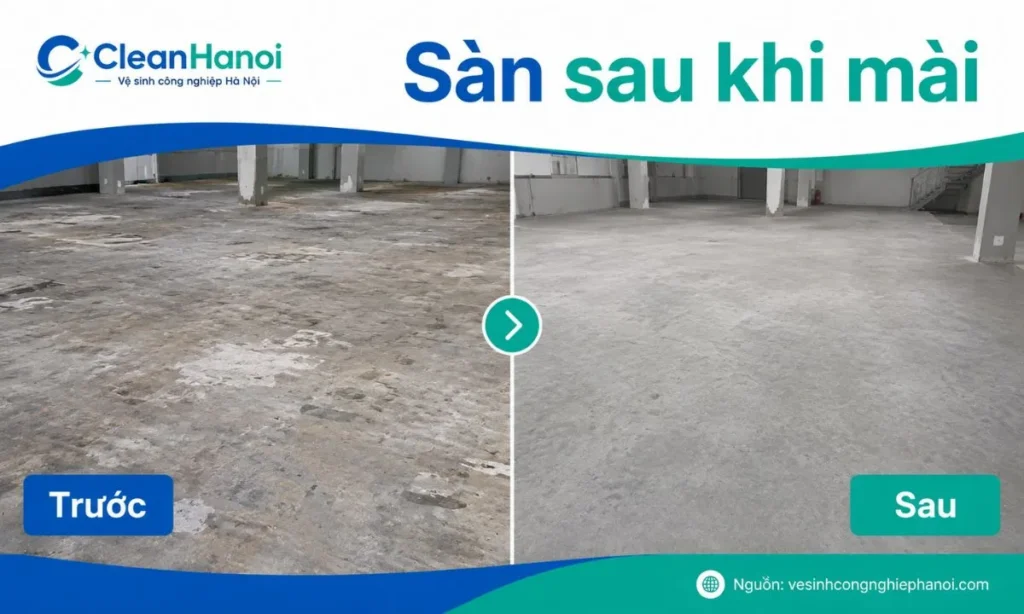 Ảnh kết quả sau khi CleanHanoi mài sàn bê tông, thể hiện bề mặt sàn phẳng hơn, sạch hơn và sẵn sàng cho bước sử dụng hoặc hoàn thiện tiếp theo.