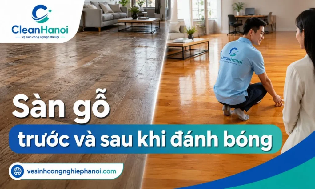 Ảnh kết quả sau khi CleanHanoi đánh bóng, phủ bóng sàn gỗ tại Hà Nội, thể hiện bề mặt sạch hơn, sáng hơn và đều màu hơn sau xử lý.
