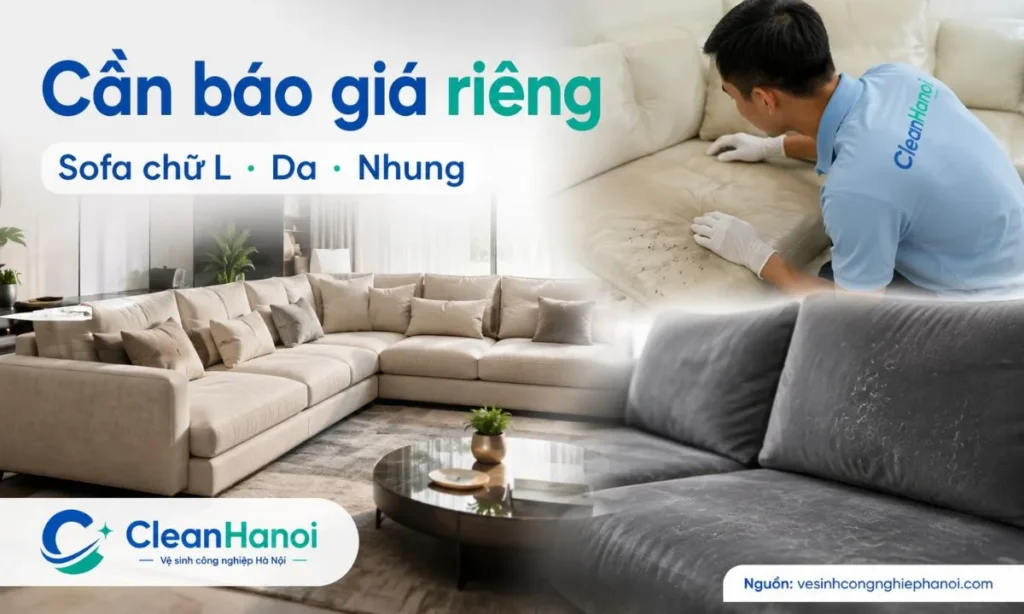 Sofa chữ L, sofa da, sofa nhung và sofa màu sáng thường cần xem chất liệu, kích thước, khe ghế, bề mặt và tình trạng vết bẩn trước khi báo giá vệ sinh.