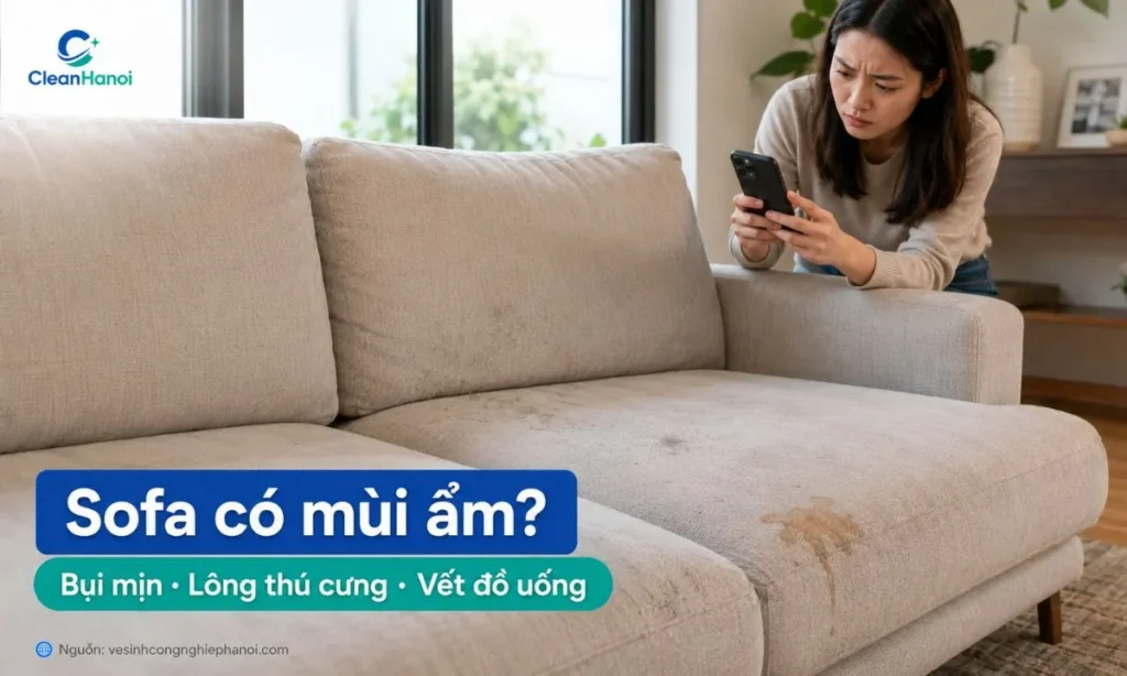 Sofa bám bụi, mùi ẩm, lông thú cưng, vết cà phê hoặc nước tiểu trẻ nhỏ nên được vệ sinh sớm để hạn chế mùi bám lâu.