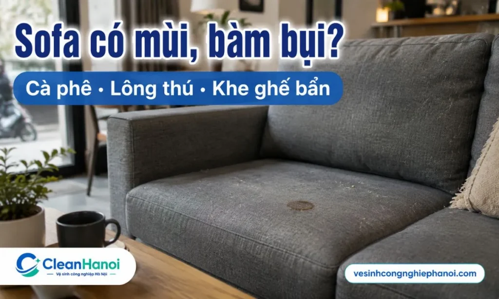 Sofa có mùi ẩm, bề mặt xỉn màu, vết nước uống, cà phê, đồ ăn, mồ hôi, lông thú cưng hoặc bụi lâu ngày trong khe ghế nên được vệ sinh sớm.