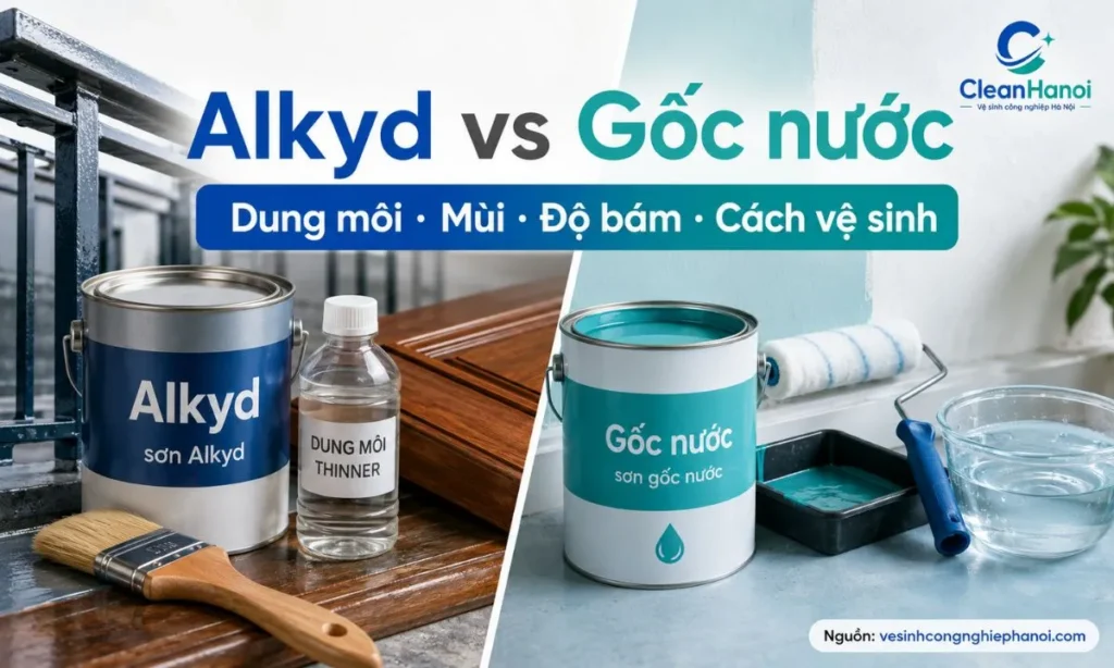 Hình ảnh minh họa sự khác nhau giữa sơn Alkyd và sơn gốc nước về chất kết dính, dung môi pha loãng, mùi khi thi công, độ bám và cách xử lý vết sơn sau thi công.