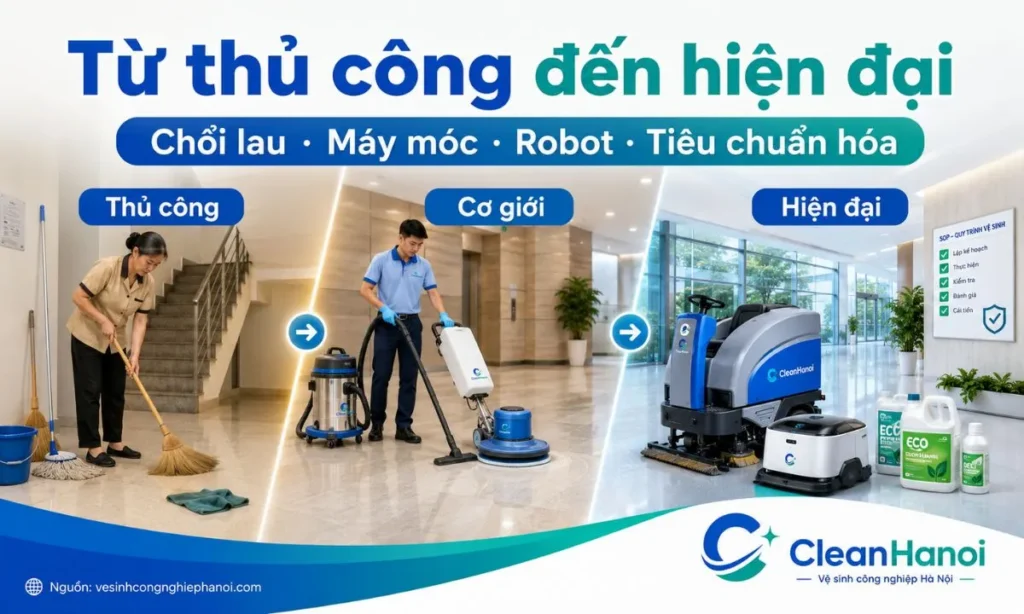 Hình ảnh minh họa sự phát triển của ngành vệ sinh công nghiệp tại Việt Nam qua các giai đoạn: làm sạch thủ công, cơ giới hóa bằng máy móc và tiêu chuẩn hóa bằng công nghệ hiện đại.
