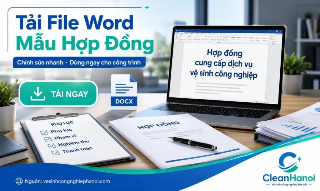 Hình ảnh minh họa file Word mẫu hợp đồng vệ sinh công nghiệp có thể tải xuống, chỉnh sửa thông tin hai bên, phạm vi công việc, giá trị hợp đồng, nghiệm thu và phụ lục.