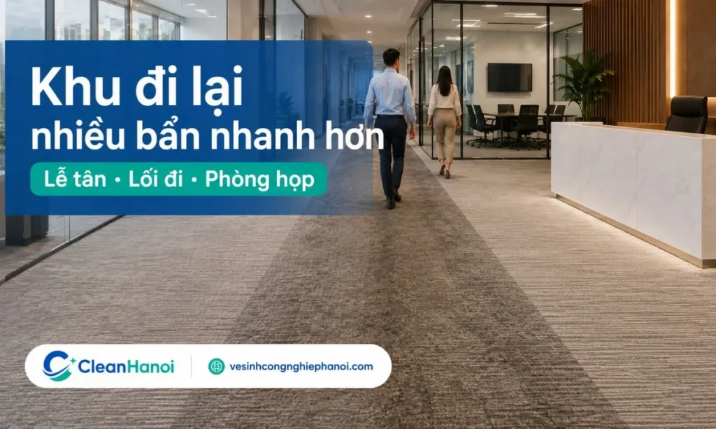 Văn phòng đông nhân sự, nhiều khách ra vào, lối đi chính, lễ tân, phòng họp và khu tiếp khách thường cần giặt thảm sớm hơn khu vực ít người sử dụng.