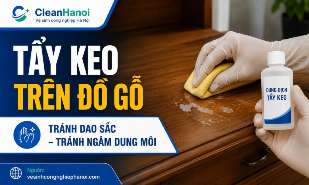 Cách xử lý keo con chó trên gỗ công nghiệp, gỗ phủ bóng hoặc gỗ sơn PU bằng khăn mềm và dung dịch phù hợp để hạn chế bay màu, bong lớp phủ.