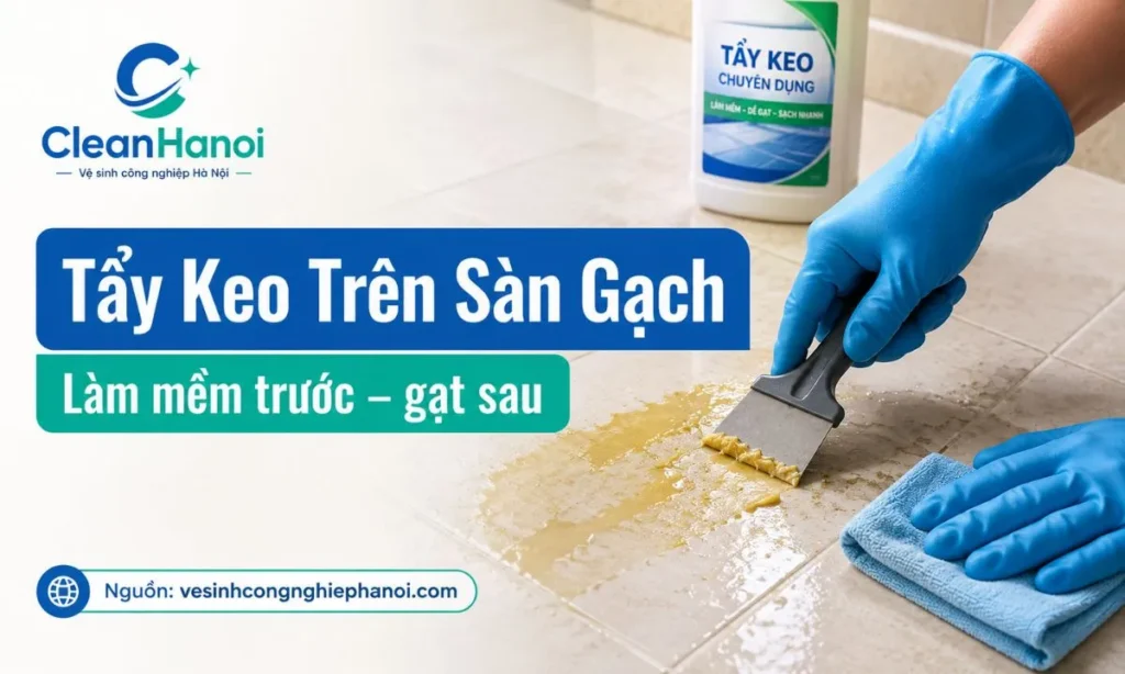 Hướng dẫn làm mềm và gạt keo con chó trên nền gạch bằng thẻ nhựa hoặc dao sủi đúng cách để hạn chế xước bề mặt.
