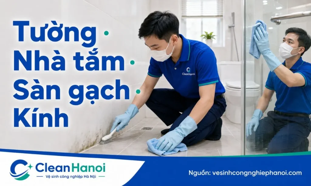 Hình ảnh minh họa cách tẩy rêu mốc theo từng bề mặt như tường sơn, nhà tắm, sàn gạch, ron gạch, ban công, kính, inox và thiết bị vệ sinh.