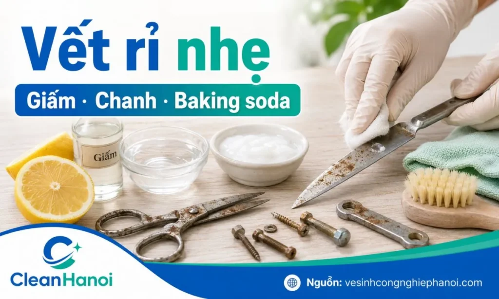Tẩy rỉ sét nhẹ trên kim loại bằng giấm trắng, chanh và baking soda