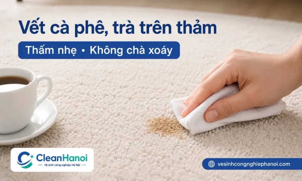 Khi thảm bị dính cà phê, trà hoặc nước ngọt, nên dùng khăn trắng sạch thấm từ mép ngoài vào trong, không chà xoáy, sau đó lau bằng dung dịch nhẹ và làm khô thảm.