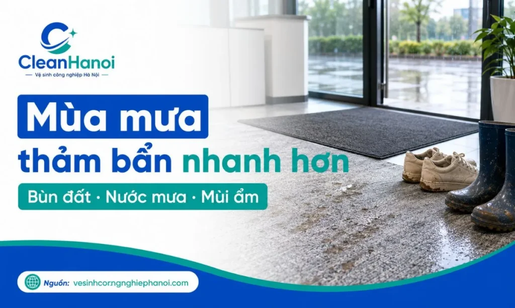 Hình ảnh minh họa thảm trải sàn mùa mưa dễ bám bùn đất, bụi mịn, nước mưa từ giày dép và hơi ẩm trong phòng kín, đặc biệt ở cửa ra vào, hành lang và văn phòng đông người.