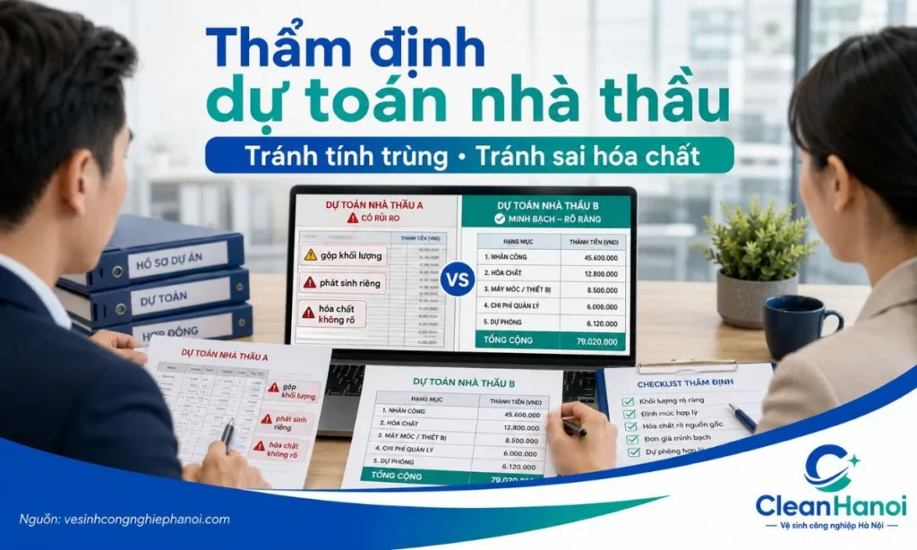 Hình ảnh minh họa cách chủ đầu tư thẩm định bảng dự toán vệ sinh công nghiệp, kiểm tra khối lượng, đơn giá, hóa chất, vật liệu, nhân công, máy móc và các khoản chi phí phát sinh.
