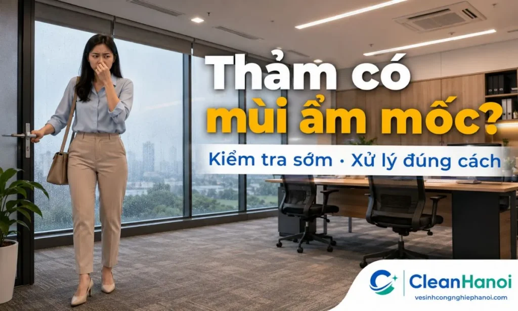 Thảm văn phòng có mùi ẩm mốc thường do độ ẩm cao, phòng kín, thảm lâu chưa giặt sâu, nước đổ ra thảm, mùi giày dép, pantry hoặc khu vực nhiều người qua lại.