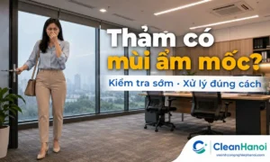 Thảm văn phòng có mùi ẩm mốc thường do độ ẩm cao, phòng kín, thảm lâu chưa giặt sâu, nước đổ ra thảm, mùi giày dép, pantry hoặc khu vực nhiều người qua lại.