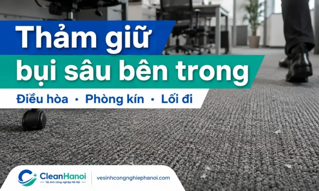 Thảm văn phòng thường giữ bụi đường, tóc, vụn giấy, vụn thức ăn, mùi ẩm và cặn bẩn sâu trong sợi thảm, đặc biệt ở phòng dùng điều hòa nhiều hoặc ít thông gió.