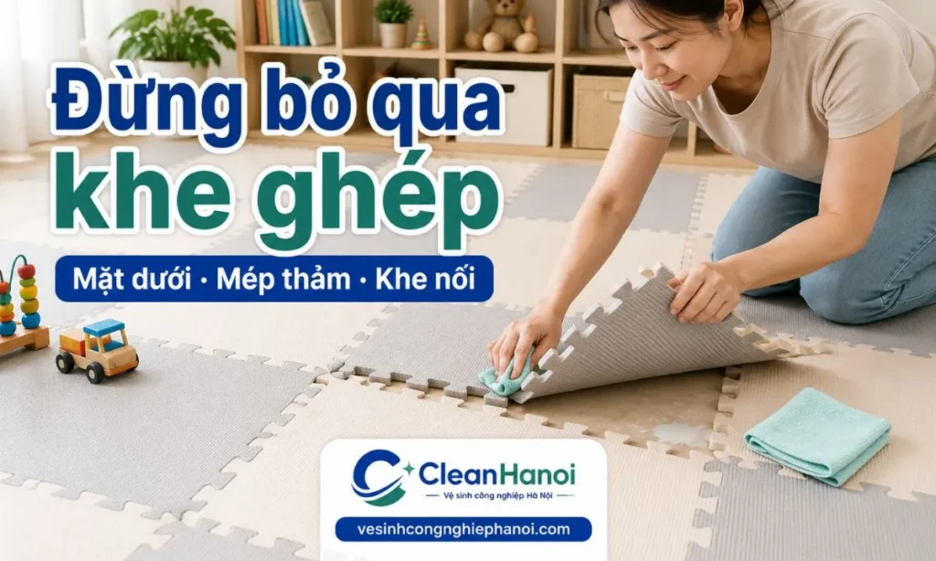Khi vệ sinh thảm xốp ghép miếng, nên tháo từng miếng ra để lau kỹ mặt trên, mặt dưới, mép thảm và khe ghép, sau đó làm khô hoàn toàn trước khi lắp lại.