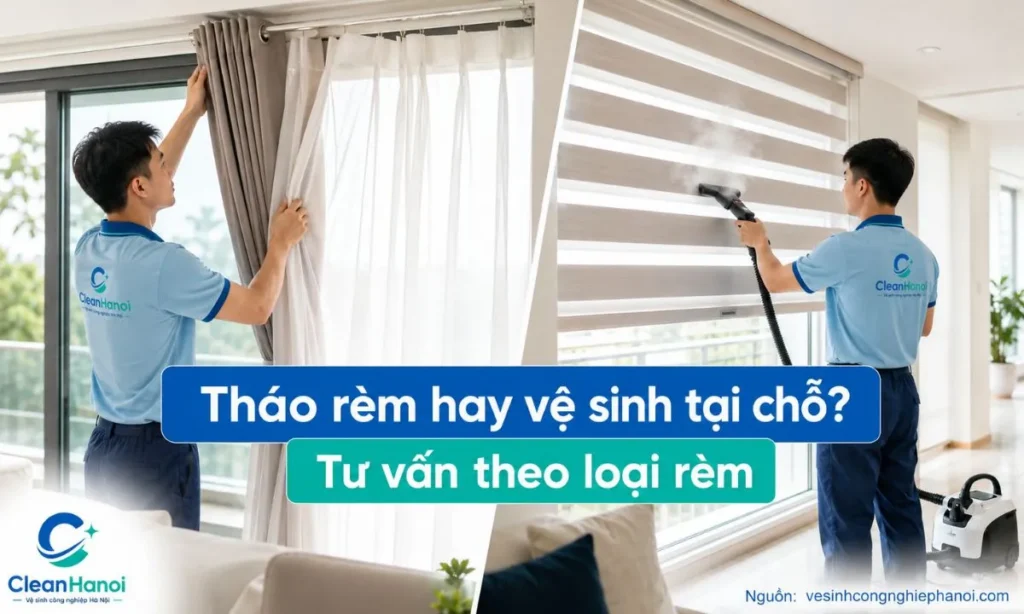 CleanHanoi tư vấn nên tháo rèm để giặt hay vệ sinh tại chỗ tùy loại rèm, chất liệu, chiều cao lắp đặt, lớp phủ cản sáng và tình trạng phụ kiện.