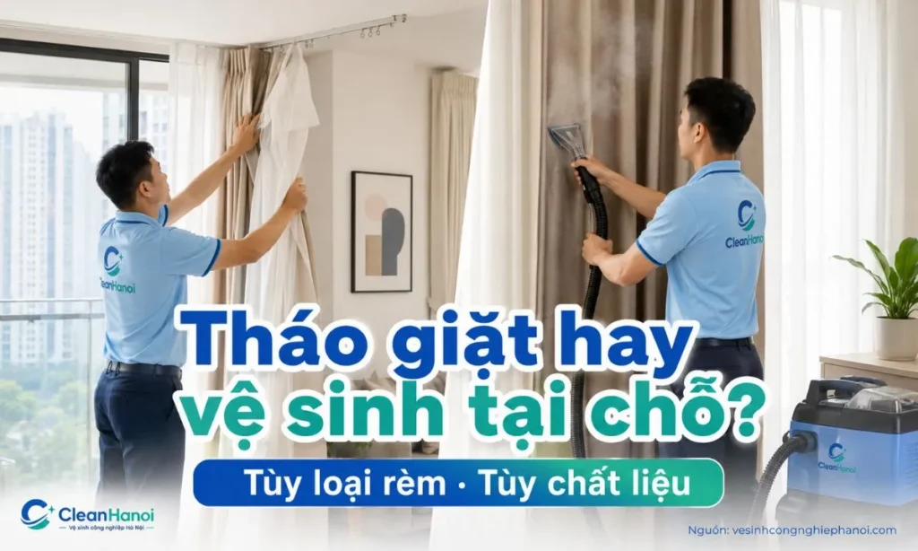 CleanHanoi tư vấn tháo rèm để giặt hoặc vệ sinh rèm tại chỗ tùy loại rèm, chất liệu, lớp phủ, phụ kiện và chiều cao lắp đặt.