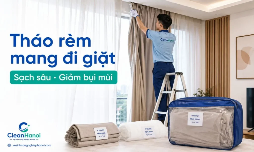 Tháo rèm mang đi giặt phù hợp với rèm vải, rèm voan, rèm 2 lớp bám bụi lâu ngày, ám mùi phòng kín, mốc nhẹ hoặc cần làm sạch sâu trước khi treo lại.