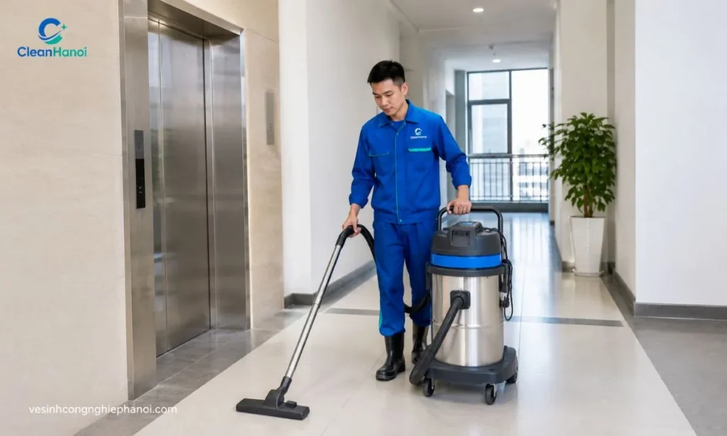 Nhân viên CleanHanoi vận chuyển máy móc vệ sinh trong tòa nhà